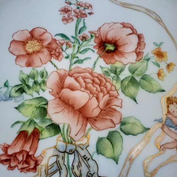 Vintage Hand Painted Porcelain Platter with Flowers and Angels 11.5 Inch Round - Picture 8 of 12